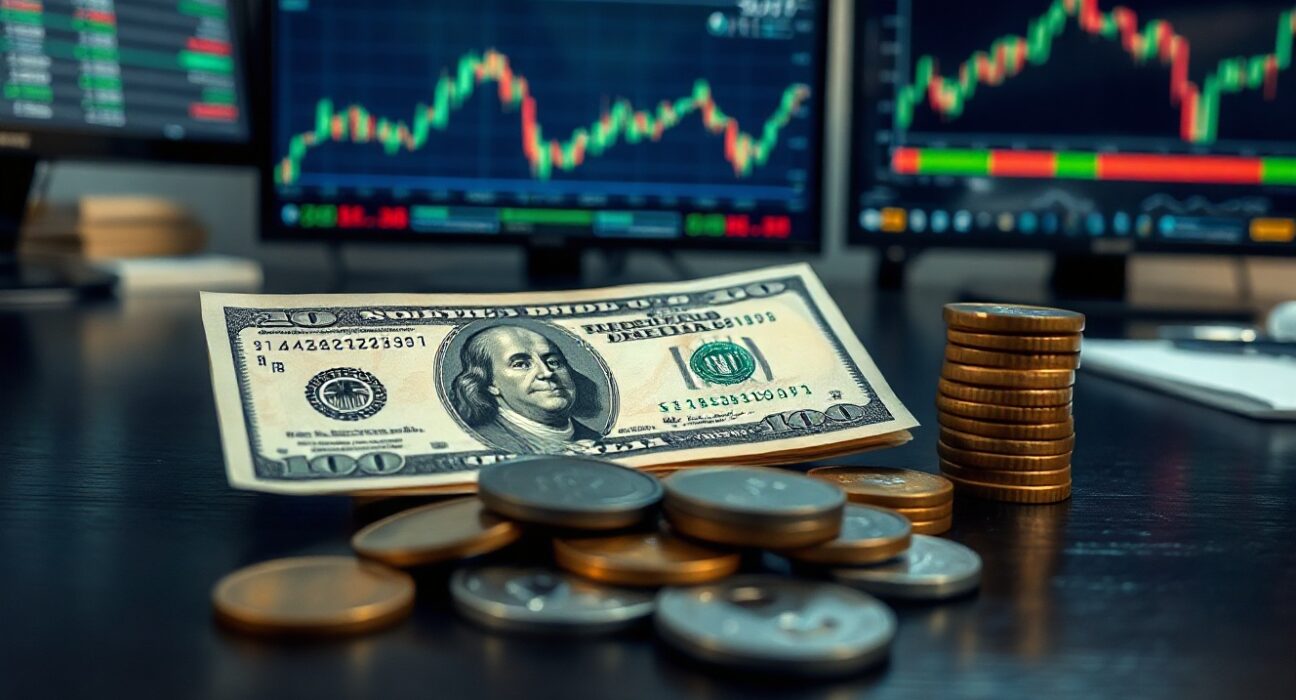 US dollar bills and coins with a subtle downward arrow shadow, representing depreciation risk.