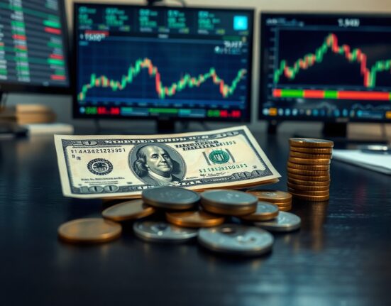 US dollar bills and coins with a subtle downward arrow shadow, representing depreciation risk.