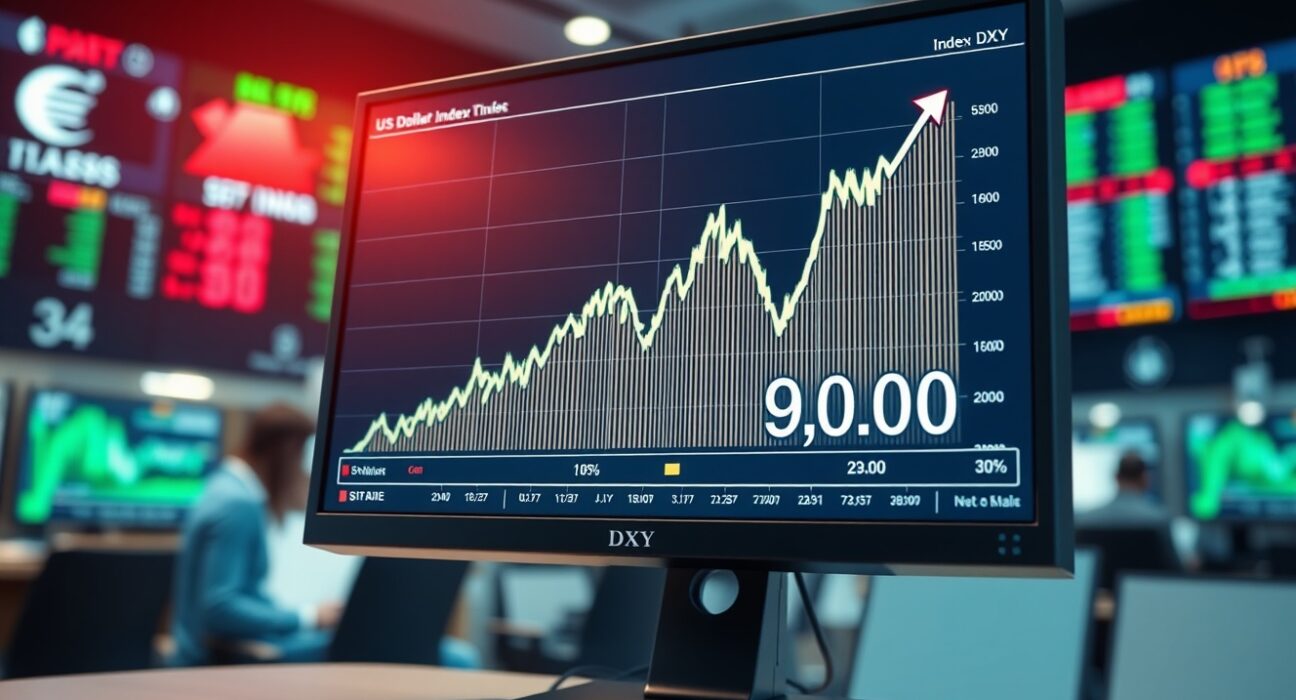 US Dollar Index chart rising above 99.00 on a trading desk monitor amid geopolitical tensions.