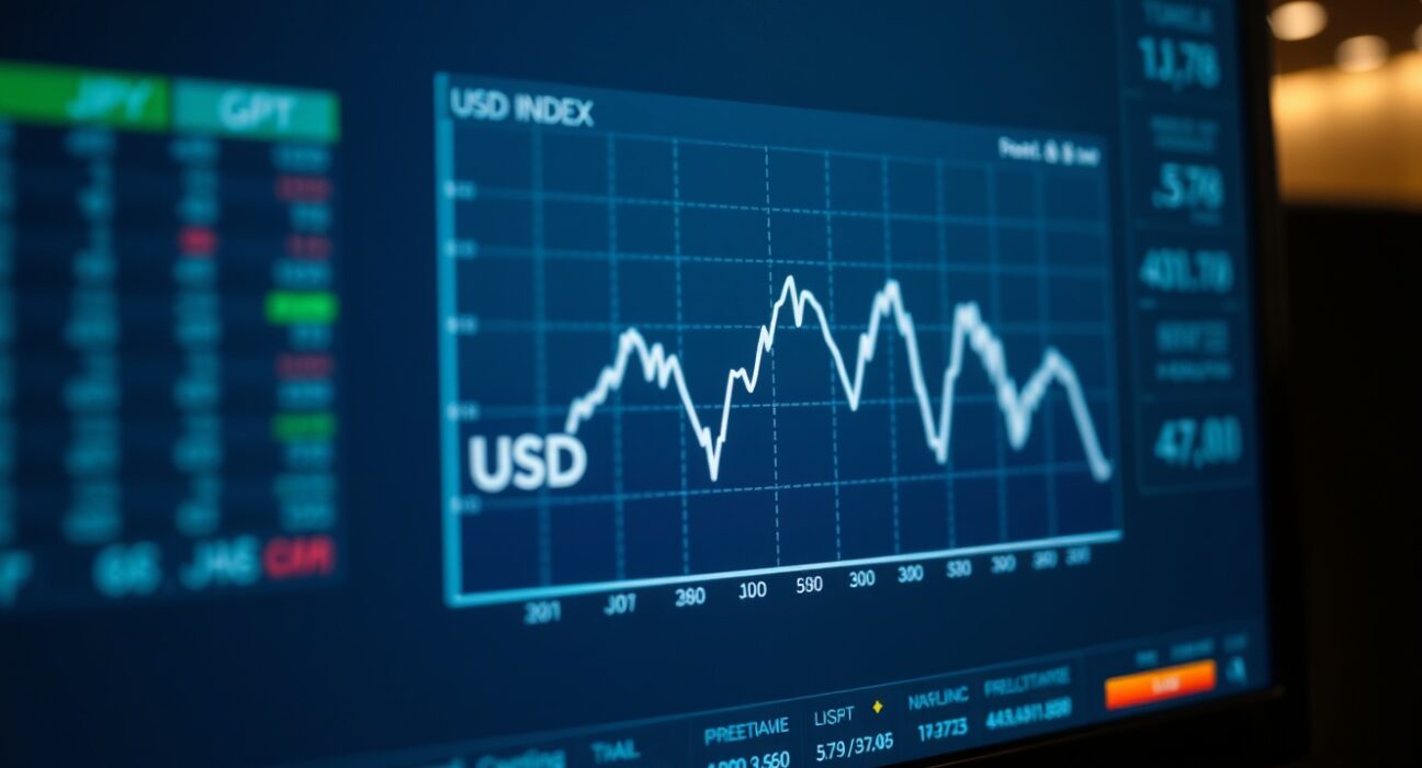 USD Index chart falling on trading screen amid Middle East ceasefire hopes.