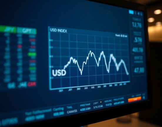 USD Index chart falling on trading screen amid Middle East ceasefire hopes.