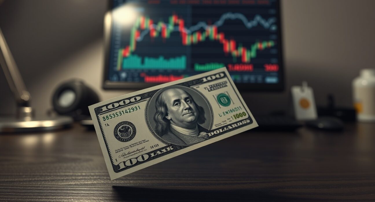 Close-up of a US $100 bill on a desk in a financial office setting.