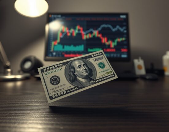 Close-up of a US $100 bill on a desk in a financial office setting.