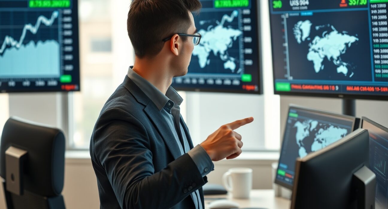 Financial analyst studying US dollar exchange rate charts on multiple monitors in a modern office.