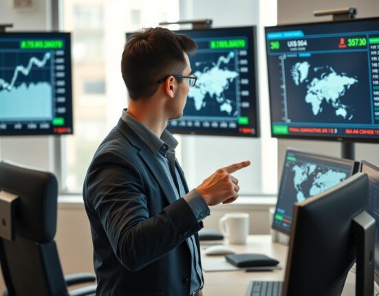 Financial analyst studying US dollar exchange rate charts on multiple monitors in a modern office.