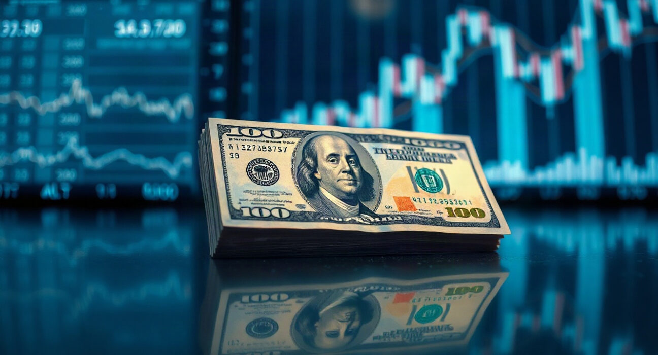 US dollar banknotes with charts in background, representing currency market analysis
