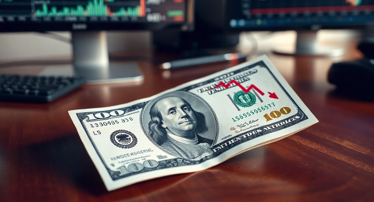 US dollar bill and economic chart on desk representing fading momentum