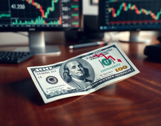 US dollar bill and economic chart on desk representing fading momentum