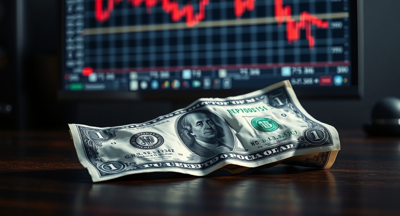 A crumpled US Dollar bill on a dark surface with a blurred forex chart in the background, representing weakening momentum.