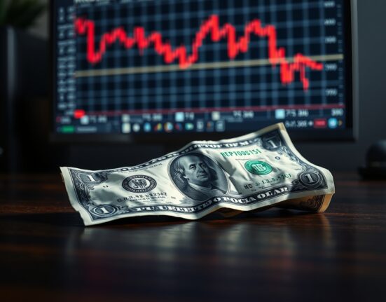 A crumpled US Dollar bill on a dark surface with a blurred forex chart in the background, representing weakening momentum.