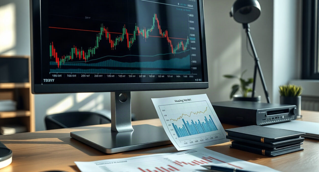 Analyst monitoring US dollar and Treasury yield charts on a computer screen in a modern office.