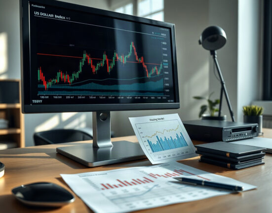 Analyst monitoring US dollar and Treasury yield charts on a computer screen in a modern office.