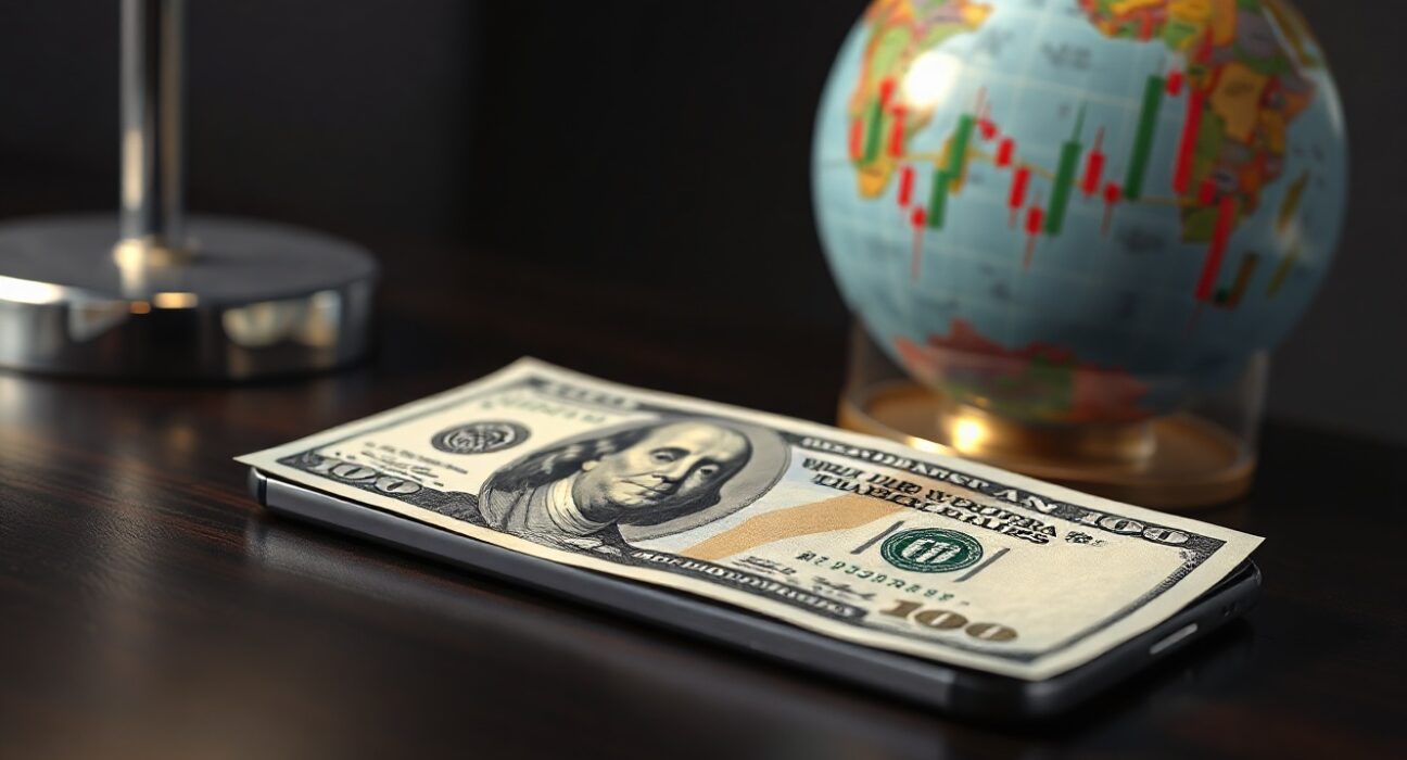 US Dollar banknote and smartphone displaying forex trading chart on desk