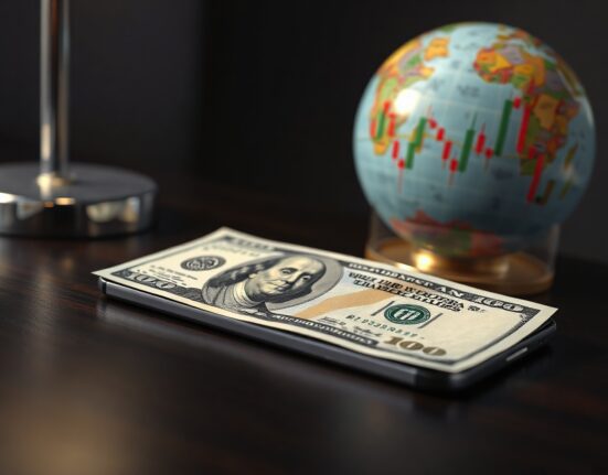 US Dollar banknote and smartphone displaying forex trading chart on desk