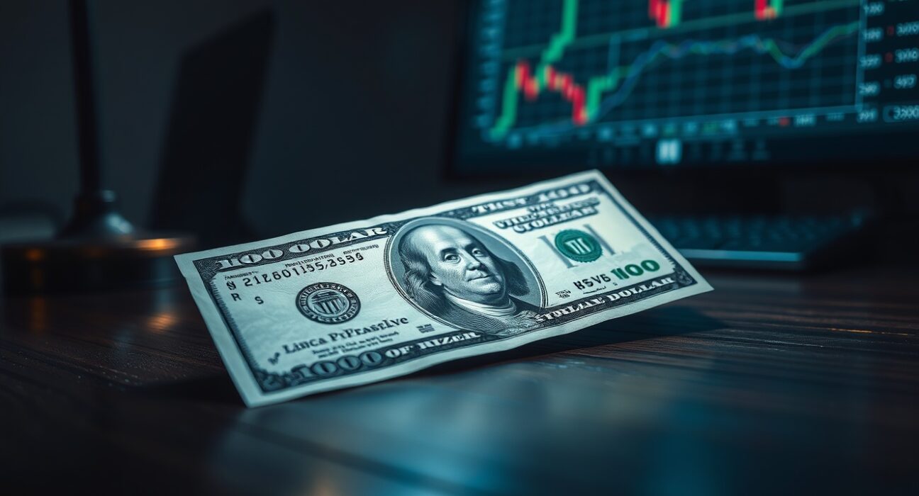 US dollar bill on a desk next to a monitor displaying financial charts, representing currency market analysis and volatility.