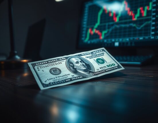 US dollar bill on a desk next to a monitor displaying financial charts, representing currency market analysis and volatility.