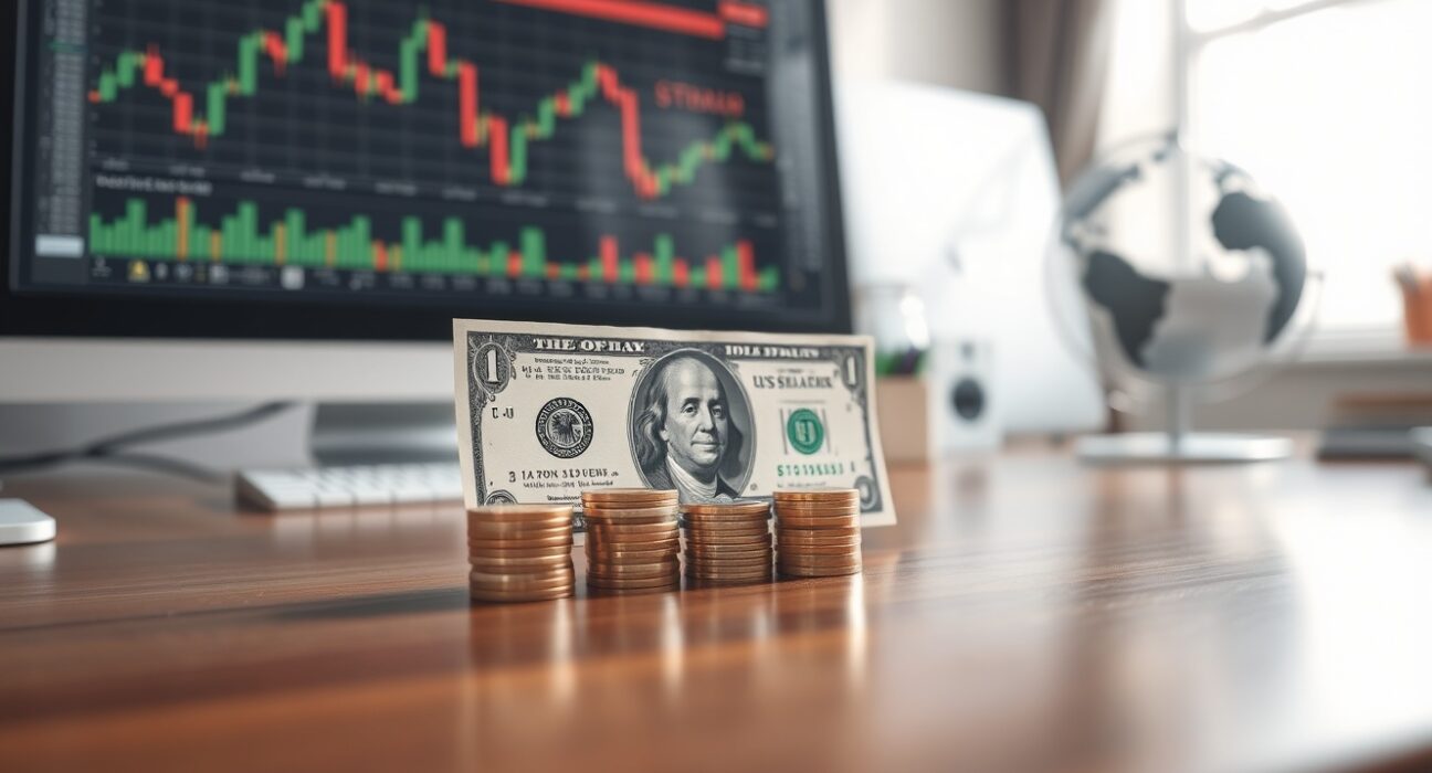US dollar banknote and coins on a desk with financial charts in the background