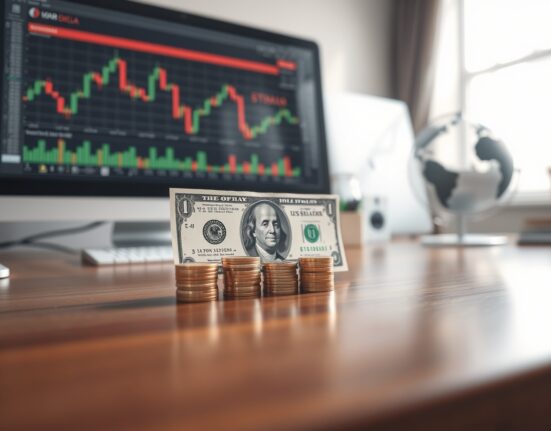 US dollar banknote and coins on a desk with financial charts in the background