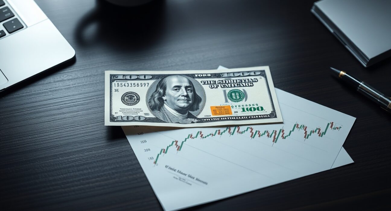 US dollar banknote on a desk next to a financial chart showing neutral range trading.