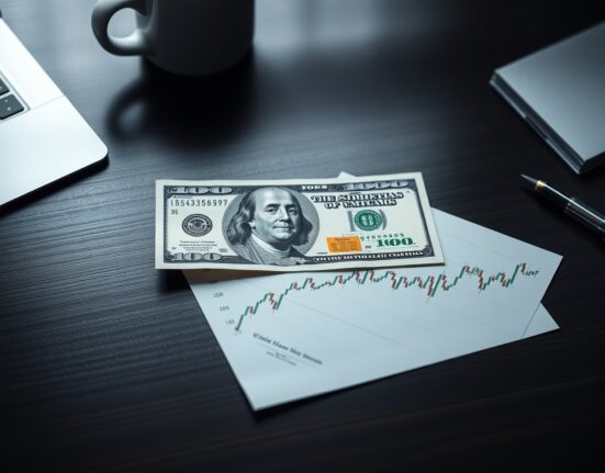 US dollar banknote on a desk next to a financial chart showing neutral range trading.