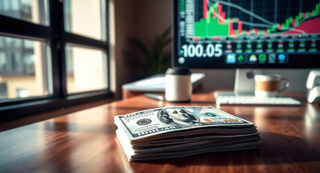 US Dollar banknote on desk with economic charts on monitor in background