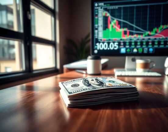 US Dollar banknote on desk with economic charts on monitor in background