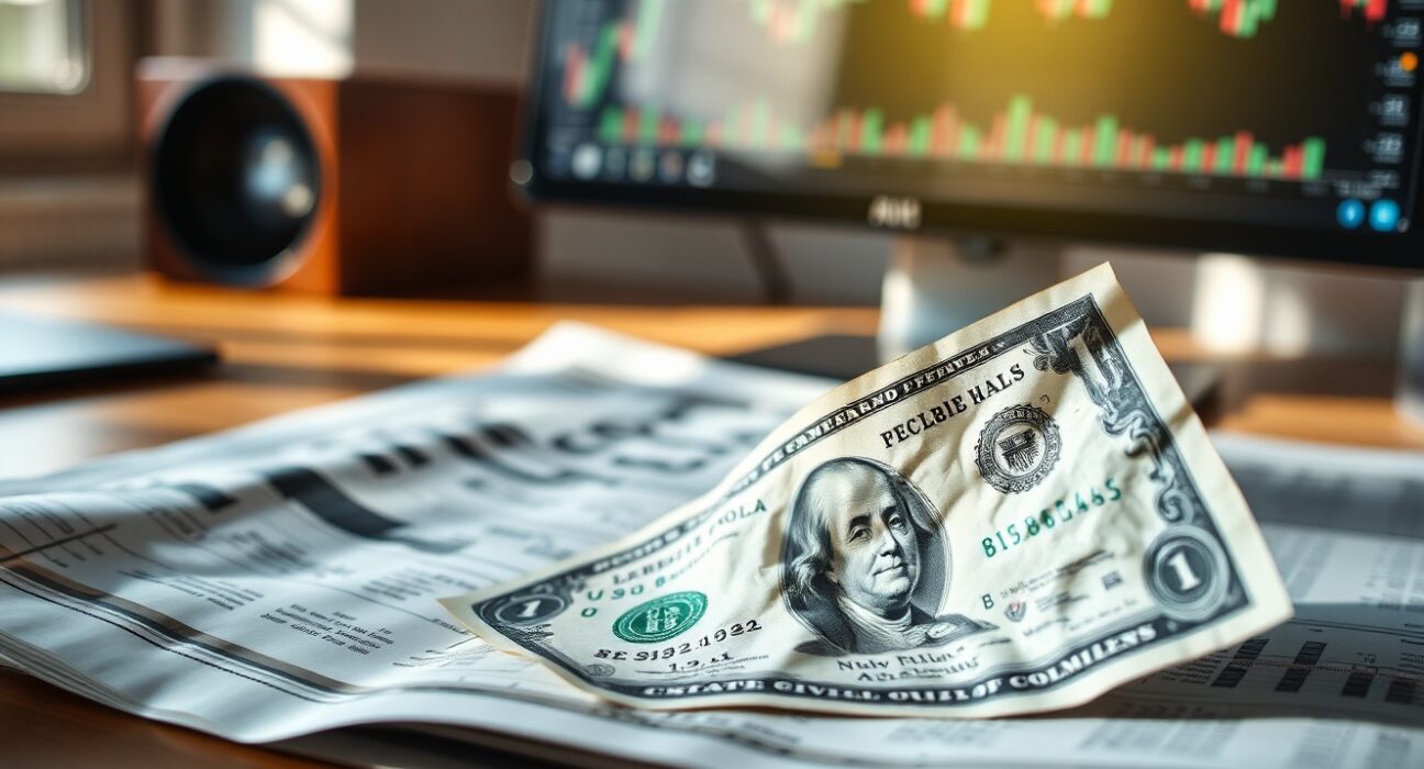US dollar banknote on financial chart paper with blurred monitor background