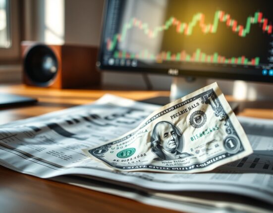 US dollar banknote on financial chart paper with blurred monitor background