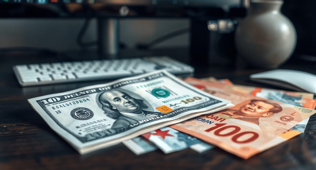 US dollar and North Asian currency notes on a desk, representing foreign exchange risk and market analysis