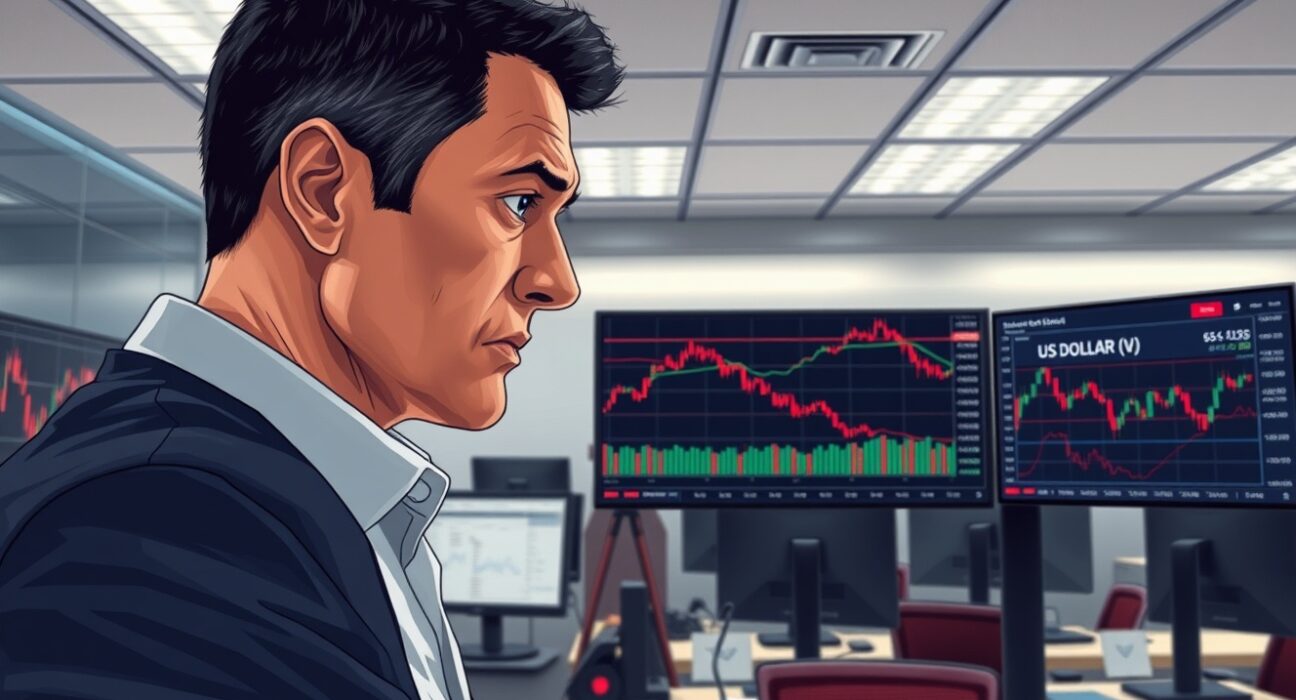 Trader monitors surging oil prices and stable US Dollar charts amid Iran deadline market tension