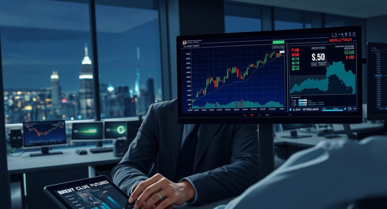 Trader analyzing US dollar strength and oil price shock data on financial monitors during