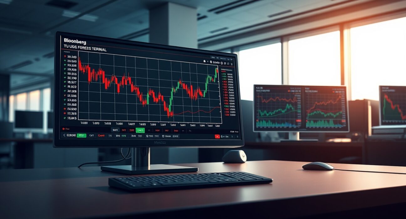 Professional trading desk showing US Dollar decline and oil price stabilization on financial charts