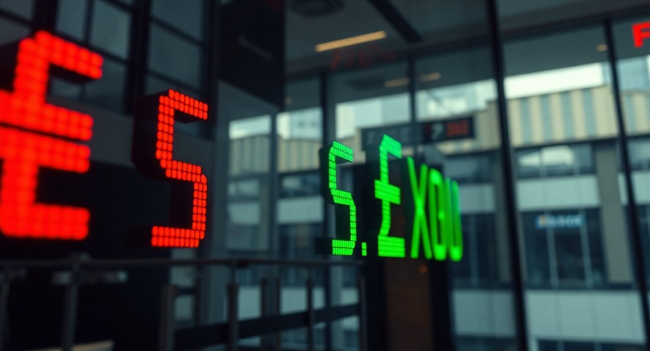 Forex exchange board showing US Dollar and British Pound rates in a modern financial office