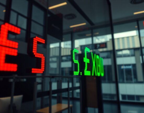 Forex exchange board showing US Dollar and British Pound rates in a modern financial office