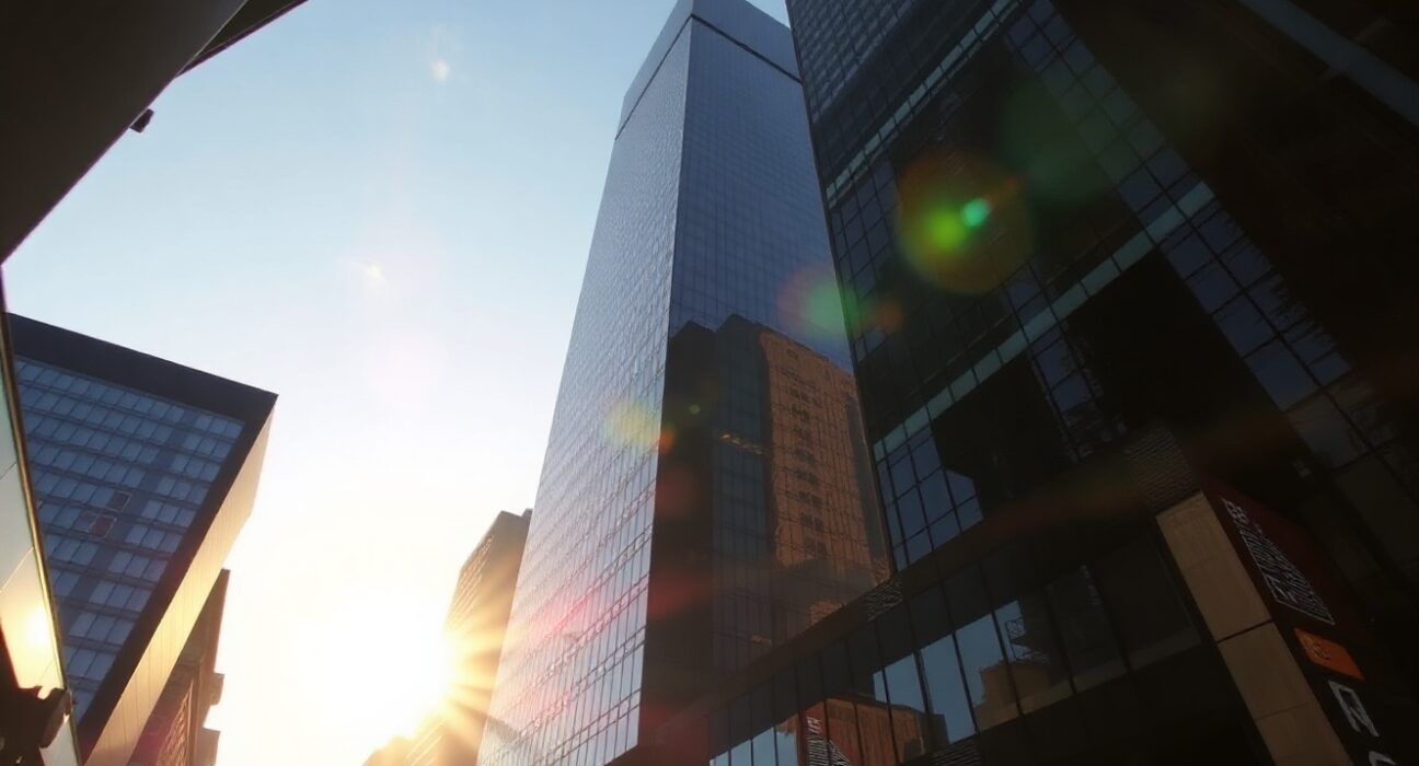 US Dollar symbol reflected in a modern skyscraper at sunset, representing currency market analysis