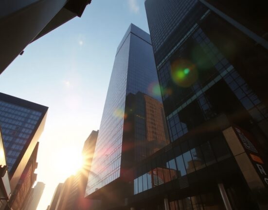 US Dollar symbol reflected in a modern skyscraper at sunset, representing currency market analysis