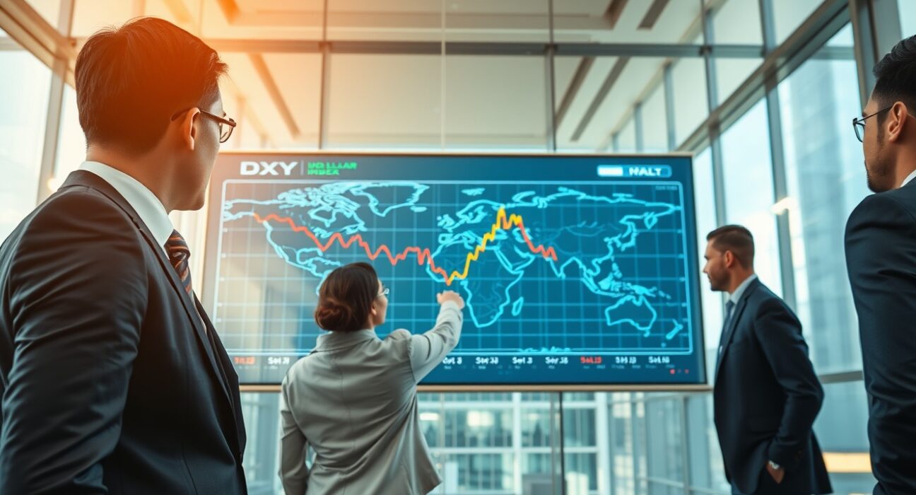 Financial analysts monitoring US Dollar Index chart showing pressure from capital reallocation trends.