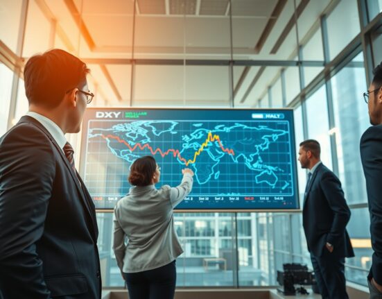 Financial analysts monitoring US Dollar Index chart showing pressure from capital reallocation trends.