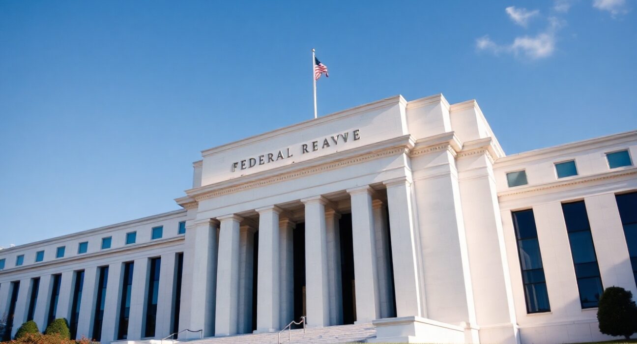 Exterior of the Federal Reserve building in Washington, D.C., under a clear sky.