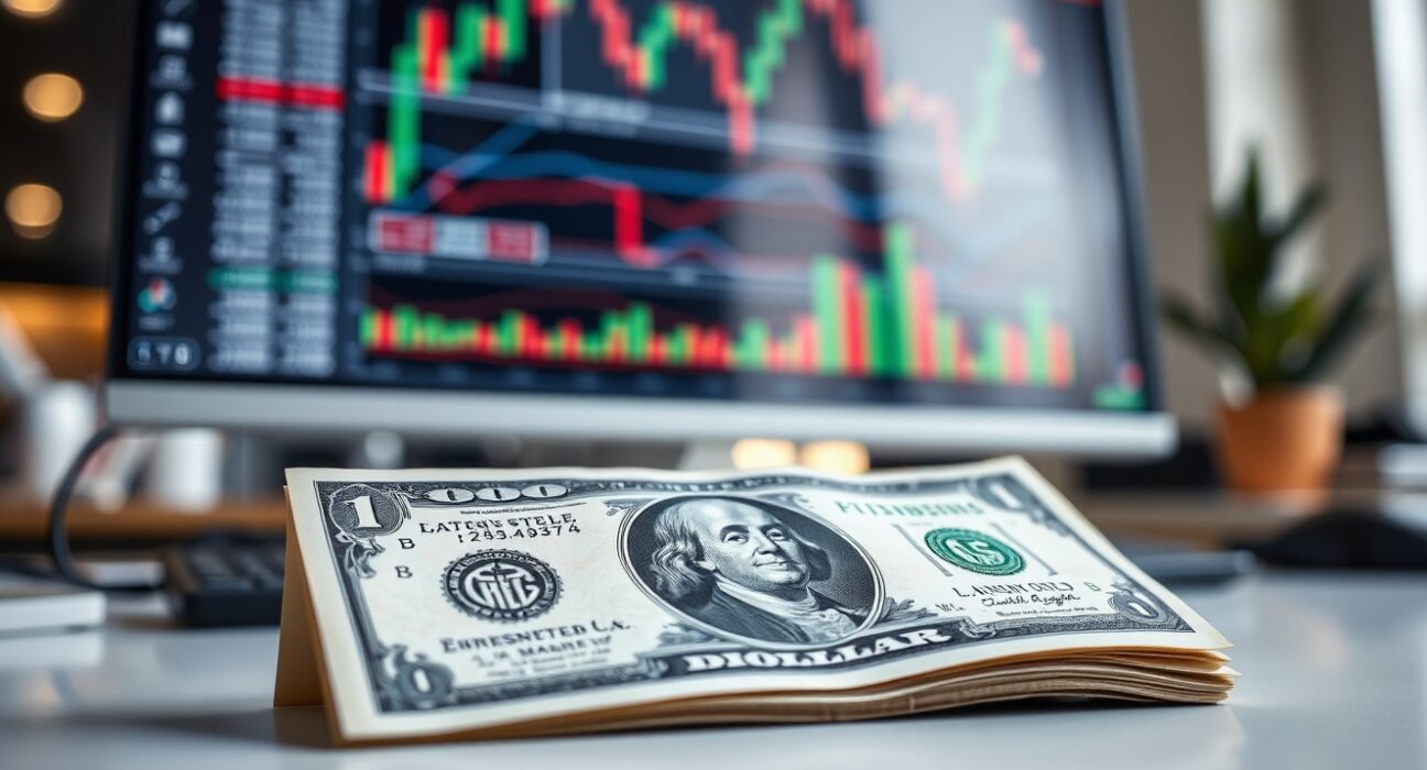 US dollar banknote on a financial desk with charts in background, representing currency market analysis.