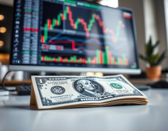 US dollar banknote on a financial desk with charts in background, representing currency market analysis.