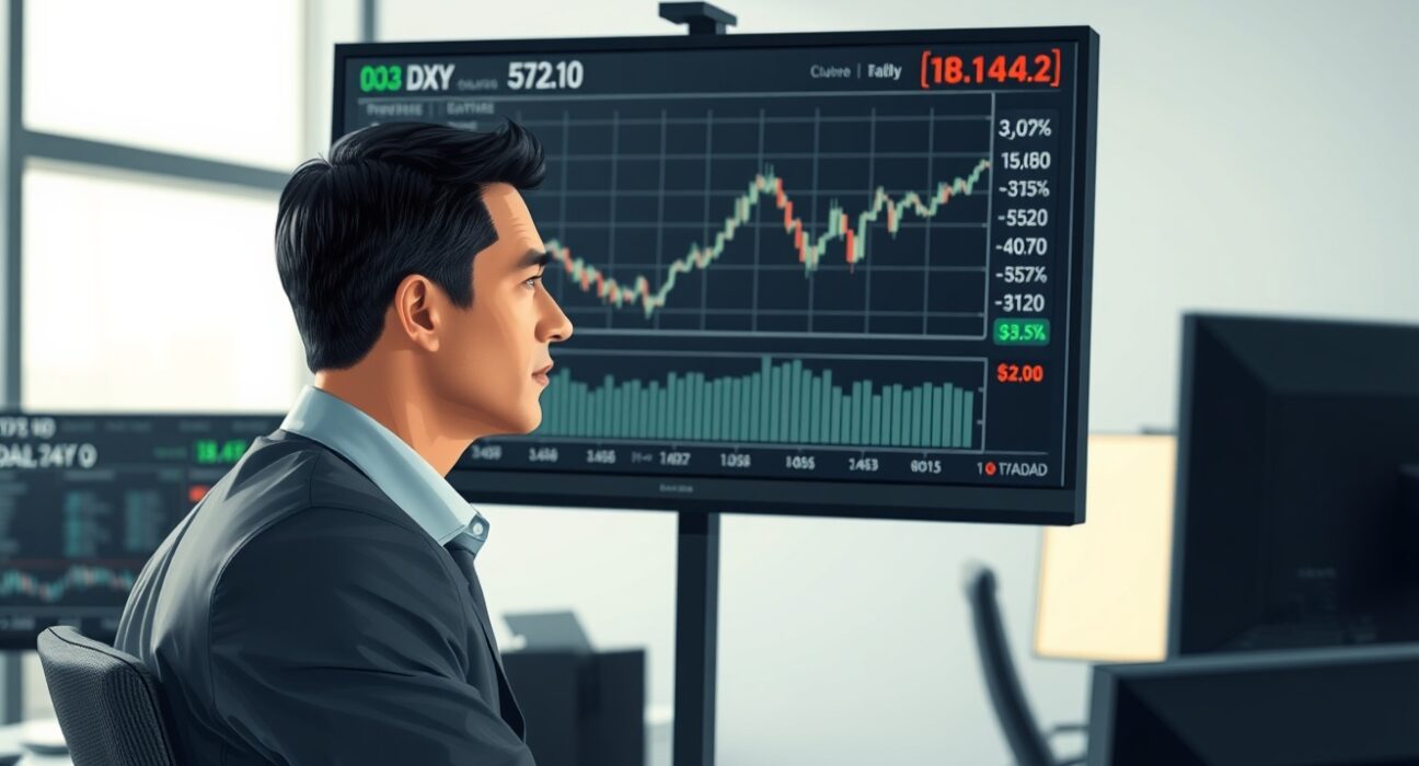 Financial analyst reviewing US dollar index charts and economic data for market outlook.