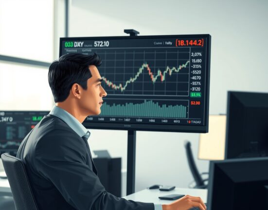 Financial analyst reviewing US dollar index charts and economic data for market outlook.