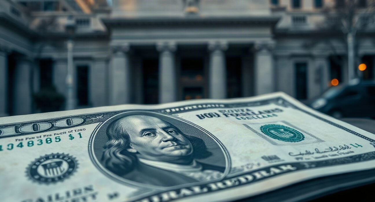 US dollar banknote in foreground with Federal Reserve building in background