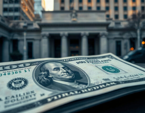 US dollar banknote in foreground with Federal Reserve building in background