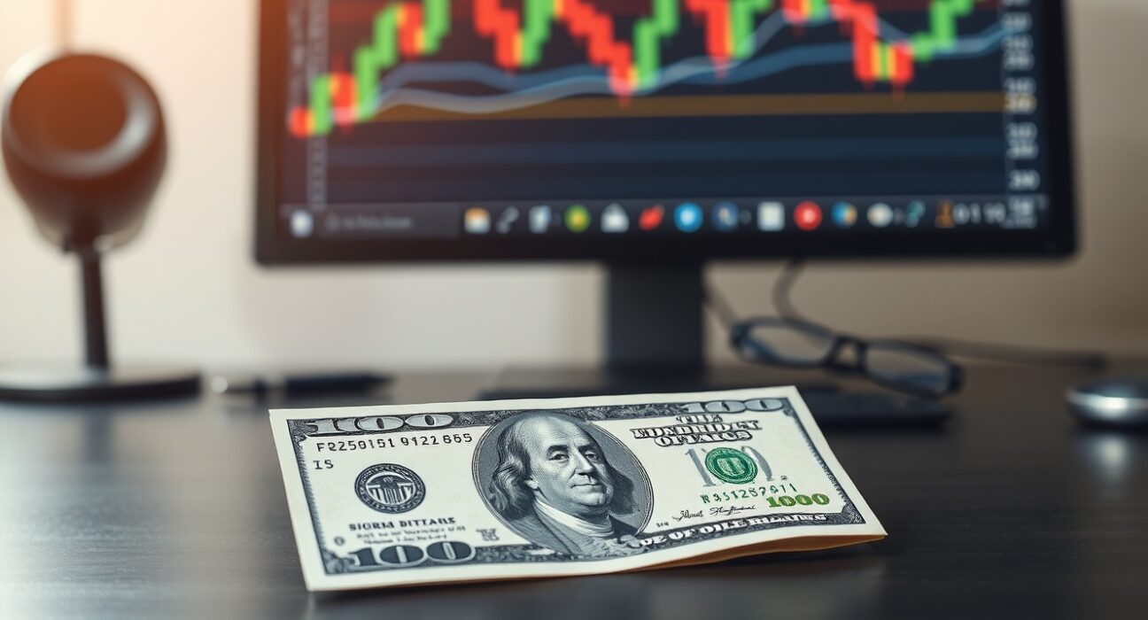 US Dollar banknote with a blurred forex chart in the background, representing currency market analysis.