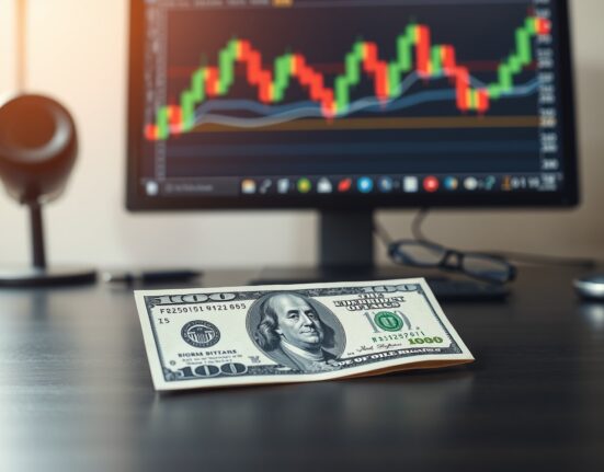 US Dollar banknote with a blurred forex chart in the background, representing currency market analysis.