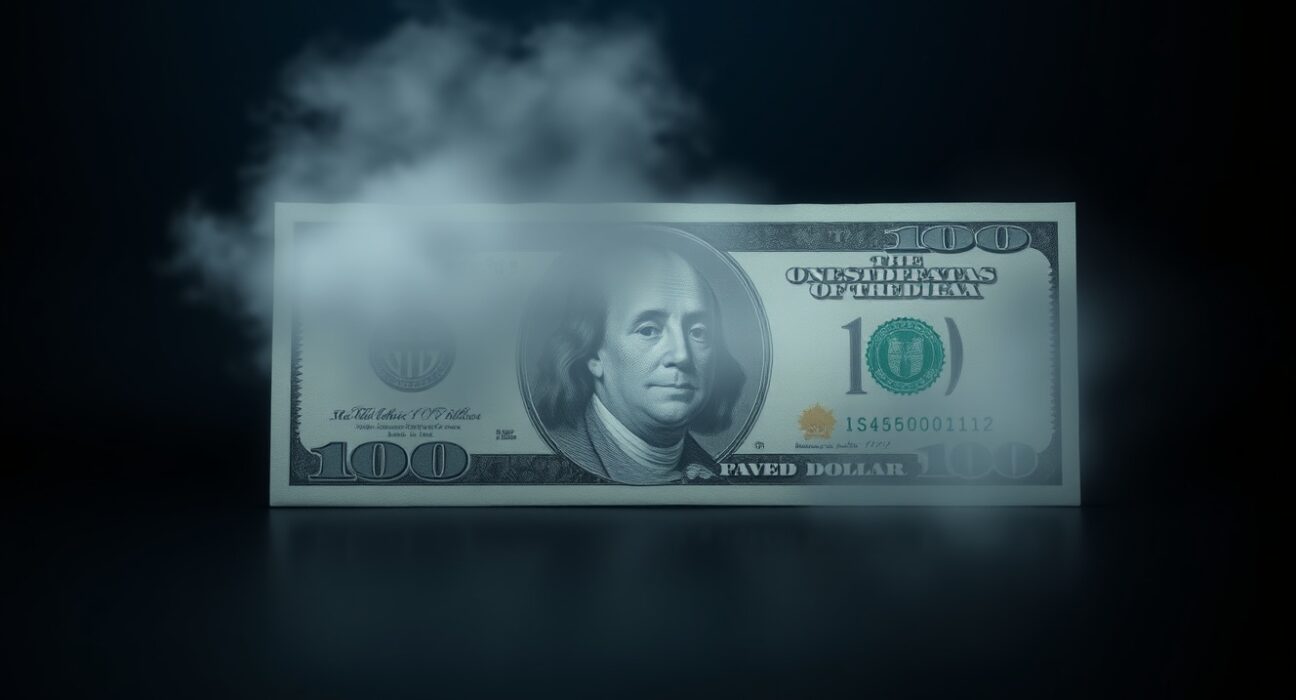 US dollar banknote partially obscured by haze representing uncertain outlook from Fed policy.