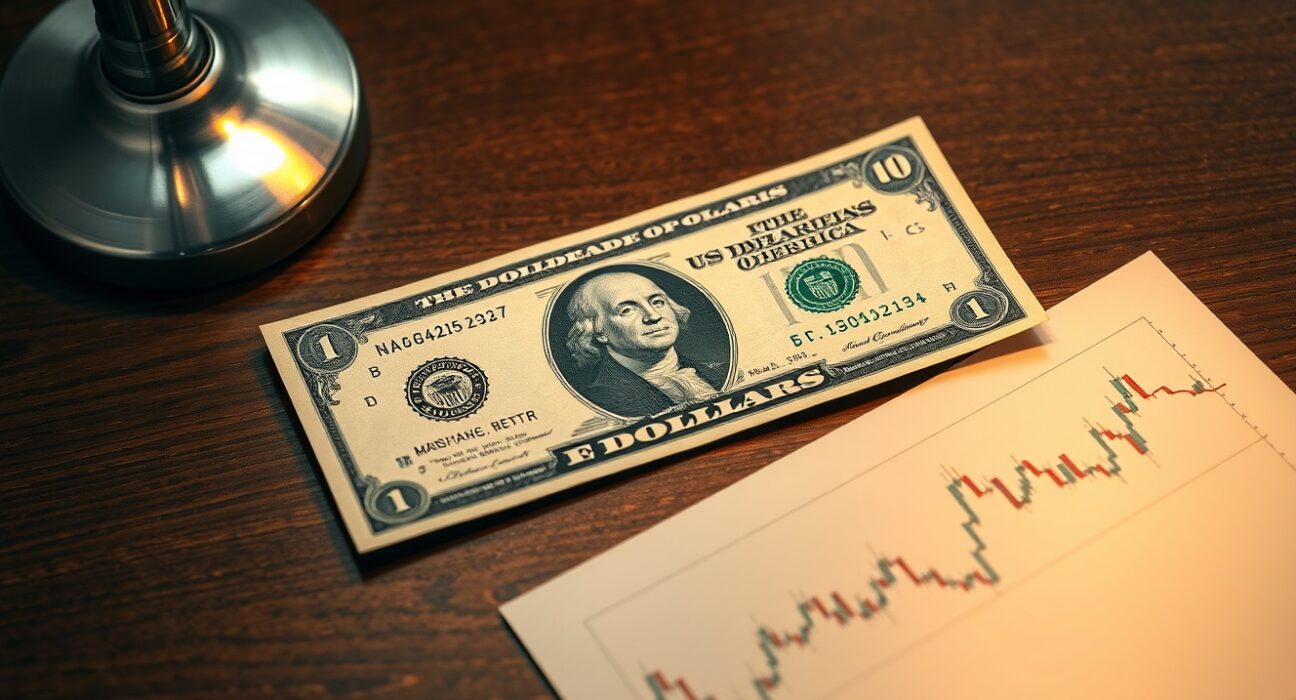 US dollar bill and financial chart on desk, representing currency markets and economic data analysis.