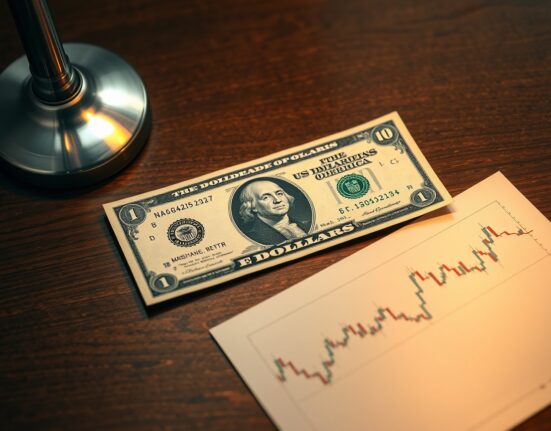 US dollar bill and financial chart on desk, representing currency markets and economic data analysis.